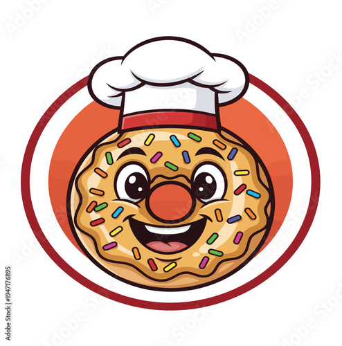 Happy Cartoon Donut Character with Sprinkles and Chef Hat Vector Illustration for Bakery Logo, Menu, or Sweet Shop Branding