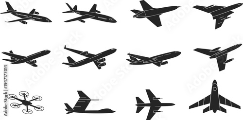 Aircraft silhouette vector set featuring passenger planes, fighter jets, cargo airplane, drone and aviation icons isolated for transportation design collection illustration bundle