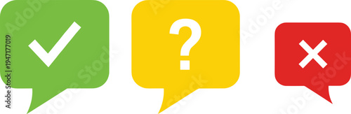 Check question and cross speech bubble icons set green yellow red feedback symbols for survey vote decision communication vector illustration