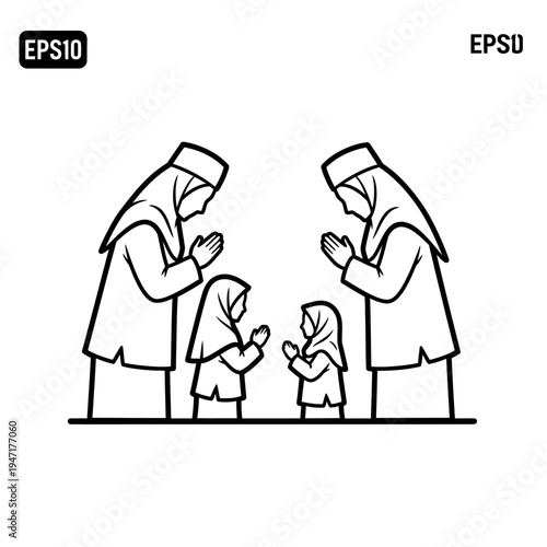 Black and white line art illustration of a Muslim family, two adults and two children, praying together with hands raised in supplication, depicting a moment of devotion and unity.