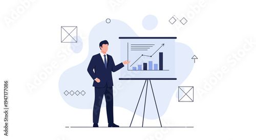 Businessman presenting financial growth chart on a whiteboard during a business meeting.