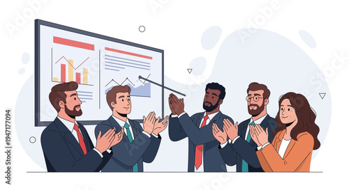 Business team applauding success at presentation with charts on whiteboard