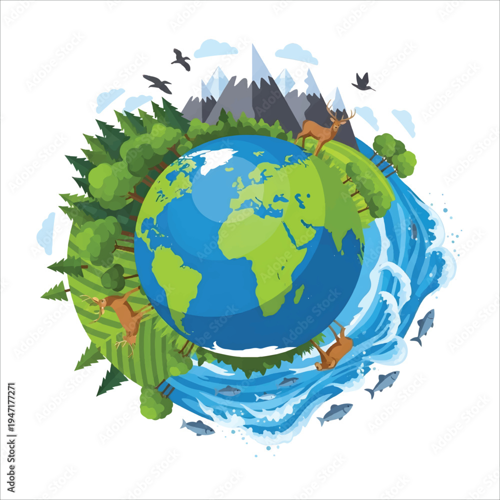Naklejka premium vibrant earth with diverse ecosystems, wildlife, and flowing water, showcasing nature's beauty and interconnectedness vector design