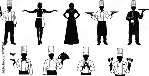 Chef and restaurant staff silhouettes serving food and drinks, professional hospitality workers isolated vector set for catering and kitchen service design