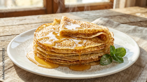Appetizing hot pancakes with honey on a white plate, cozy breakfast setting, golden tones, copy space
