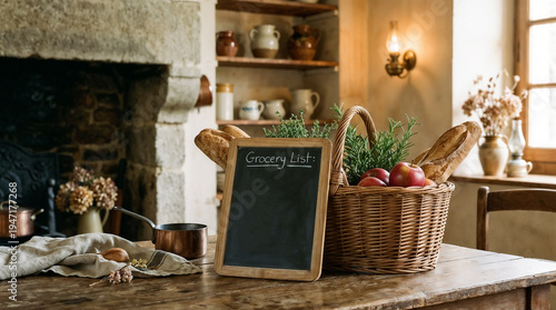 Basket of groceries on a table with a chalkboard in a cozy kitchen interior, warm tones, note-taking vibe, with copy space