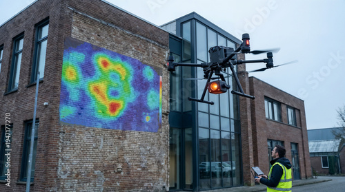 Drone with thermal imaging camera
surveying a historic building facade, multicolor heat-map reveals masonry heat loss and defects, technical, exterior-focused, with copy space