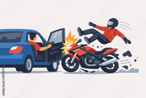 Car Driver Carelessly Opening Door Causing Motorcycle Accident and Collision, Dooring Incident Concept with Biker Falling from Motorbike, Road Safety and Traffic Danger Flat Vector Illustration