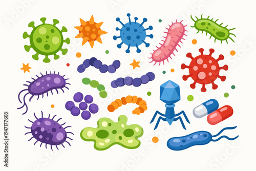 Set of Colorful Flat Vector Illustrations of Various Microorganisms, Viruses, Bacteria, Germs, Pathogens, Microbes, Bacteriophage, Amoeba, and Medical Capsules Isolated on White Background