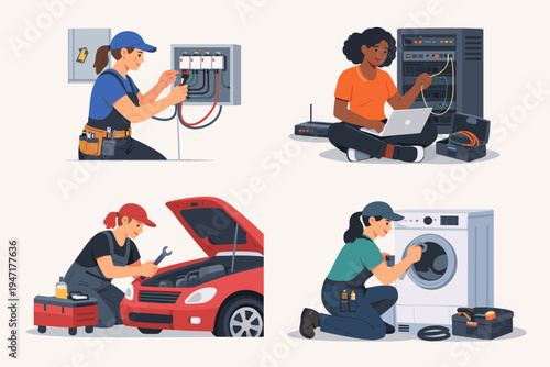Professional women in technical trades: electrician working on electrical panel, IT network engineer with server, automotive mechanic repairing car engine, and appliance technician fixing washer.