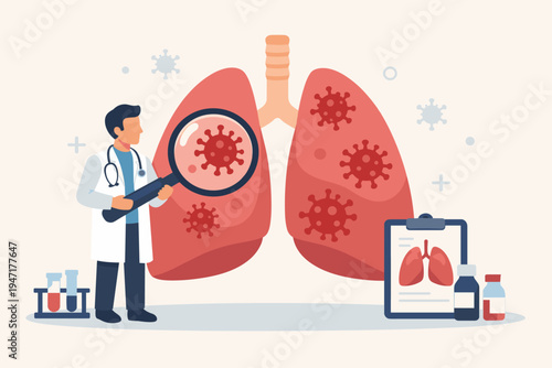 Doctor Examining Human Lungs Infected with Coronavirus Using Magnifying Glass, Medical Healthcare Concept for COVID-19 Diagnosis, Respiratory Disease Research and Pneumonia Treatment Illustration