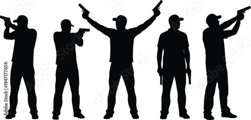 Armed man with handgun silhouette set standing male holding pistol weapon action pose security or criminal concept isolated vector illustration