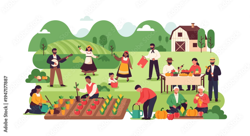 Naklejka premium Diverse Community Harvest Festival Illustration. People Gardening, Farming, and Celebrating Traditional Rural Life with Music, Food, and Autumn Crops.