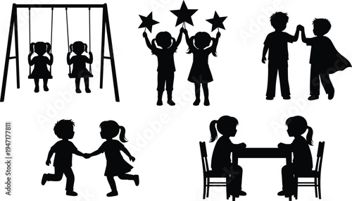 Children friendship silhouettes set showing kids playing on swing, holding stars, shaking hands, running and sitting together isolated black vector illustration