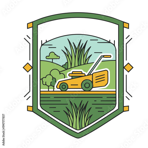 Lawn mower cuts grass on a green lawn in a natural landscape with trees and bushes.