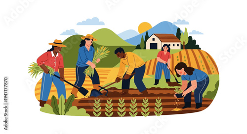 Diverse Farmers Team Working Together in Field: Planting, Tilling, and Harvesting Crops on a Sustainable Rural Farm Illustration
