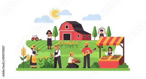 Farming Community Harvest Illustration: Happy Farmers Working and Selling Fresh Organic Produce at Local Farm Market with Red Barn and Tractor