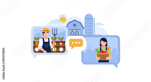 Farm-to-Table Digital Connection: Farmer and Customer Communicate for Fresh Produce Ordering and Direct Sales E-commerce Concept Illustration