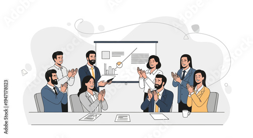 Business meeting success, team applauding presentation, diverse professionals celebrating achievement.