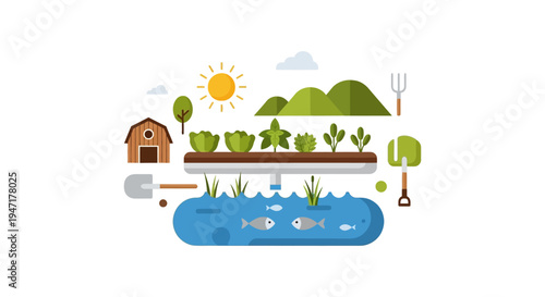 Sustainable Aquaponics Farming System Flat Vector Illustration. Eco-friendly agriculture concept with fish and hydroponic plants.