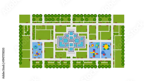 Aerial view of a city park with playgrounds, fountains, and greenery