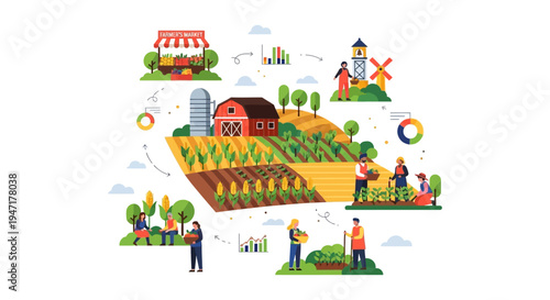 Smart Farming and Agriculture Supply Chain Workflow Illustration. Farmers working, harvesting crops, and selling fresh produce at the market with data optimization.