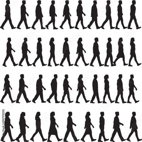 Sequential animation of silhouetted figures walking in various styles