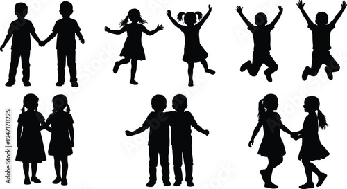 Children silhouettes set showing kids holding hands, jumping, playing and standing together isolated black vector illustration collection for childhood friendship concept