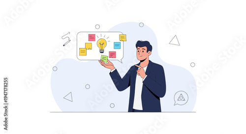Man brainstorms ideas with sticky notes and lightbulb on a whiteboard