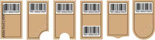 Barcode label sticker collection with kraft paper tags retail product code labels set packaging identification vector illustration isolated design