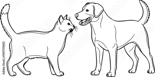 Black and white line of a cat and dog facing each other line cat cartoon