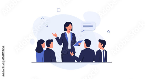 Business meeting: woman leader presents to team, discussion, strategy, teamwork