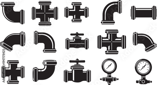 Black and white pipe fittings and valves in a grid layout plumbing