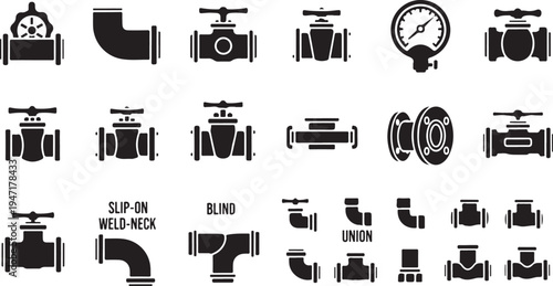 Black and white of various pipe fittings and valves in a grid layout des