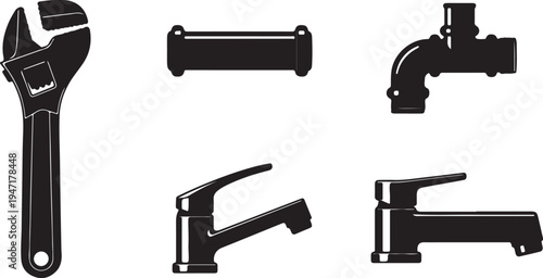 Black and white plumbing tools and fixtures set des