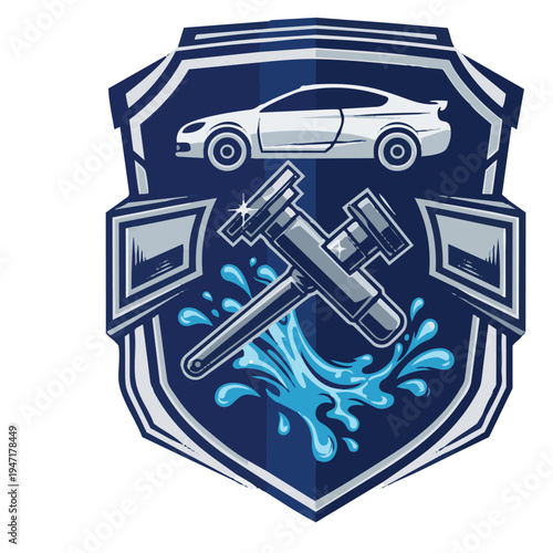 A shield displays a car, crossed pistons, and water splashes.