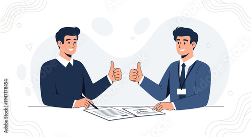 Two businessmen giving thumbs up during a meeting, signing a contract, business success concept.