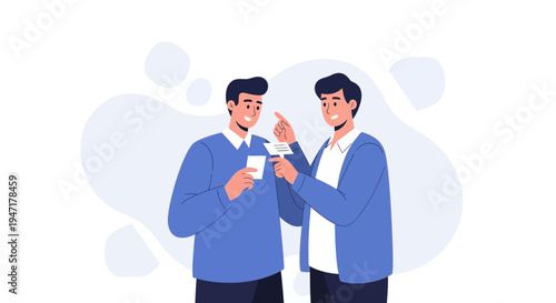 Two businessmen exchanging business cards, modern flat illustration
