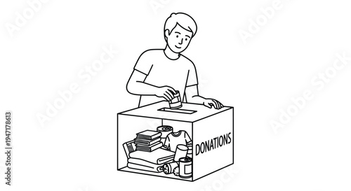 Man donating items into a donation box with books and goods, simple line drawing isolated on white background