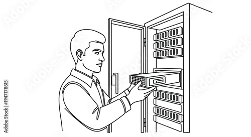 Man inserting server module into rack mounted server cabinet with open door isolated on white background