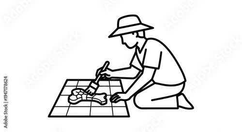 Man kneeling down cutting food on a chopping board outdoors in a flat illustration style isolated on white background