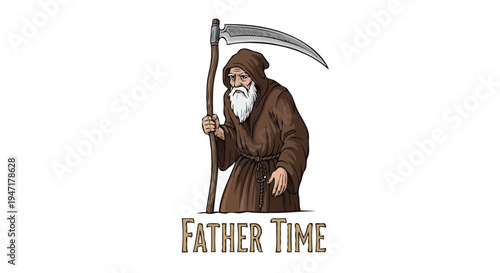 Father Time Allegory Character Illustration with Scythe and Brown Robe