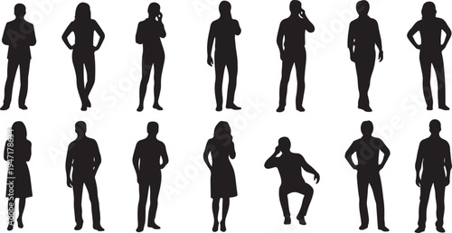 Sixteen silhouettes of people in various poses and attitudes black white