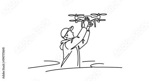 Man launching drone outdoors in continuous line art style isolated on white background