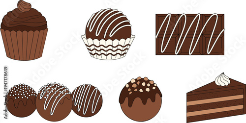 Chocolate dessert collection with cupcake truffles brownie bar and cake slice sweet bakery treats vector illustration isolated on background