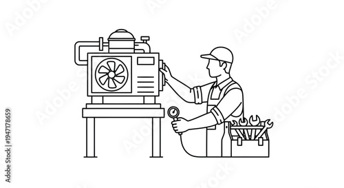 Mechanic repairing industrial machine with tools on workbench in factory isolated on white background