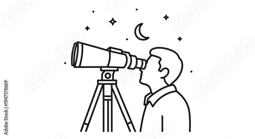 Man looking through telescope at night sky with stars and moon flat illustration isolated on white background