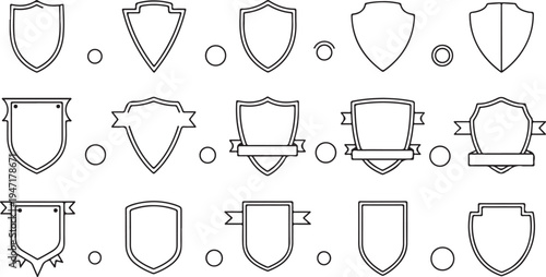 Twelve different styles of empty heraldic shields in monochrome line des