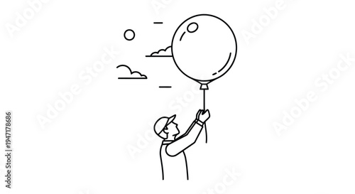 Man holding large balloon in minimalist flat design isolated on white background
