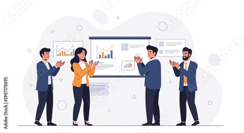 Business team applauding success in front of presentation screen with charts